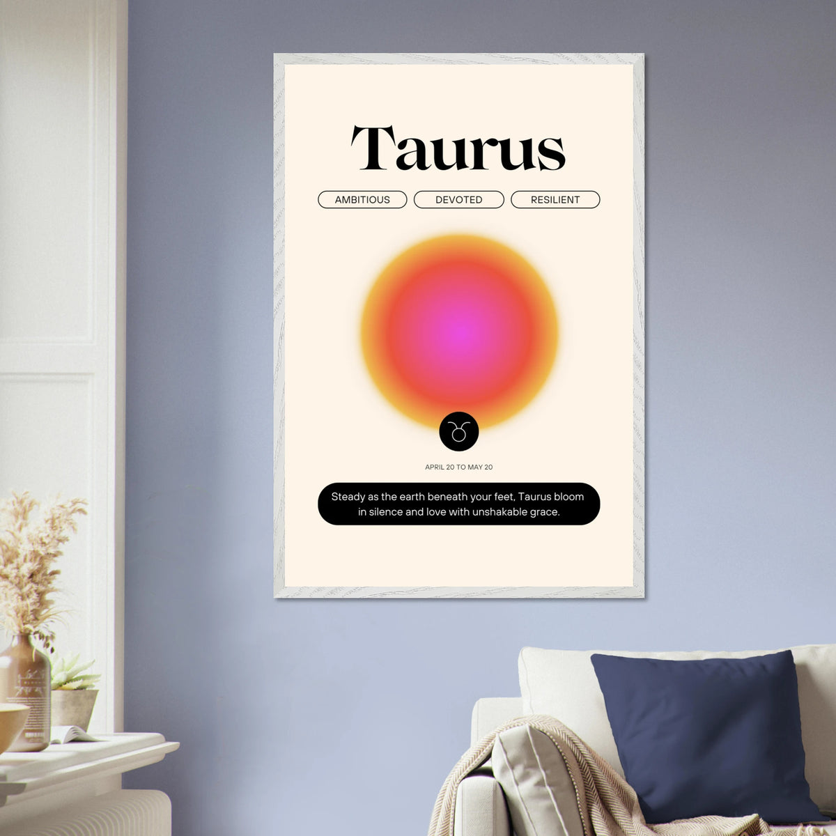 Zodiac Wall Art Framed Poster for Astrology Lovers - White frame Taurus - Wooden Framed Posters