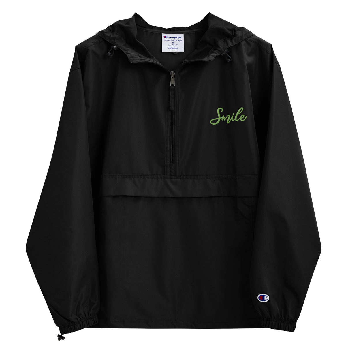 Smile in Every Stitch - Champion Pack-able Jacket with Hand-Drawn Typography - -