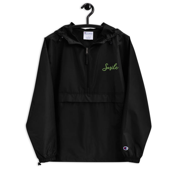 Smile in Every Stitch - Champion Pack-able Jacket with Hand-Drawn Typography - Black -