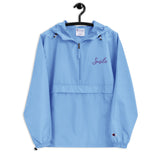 Smile in Every Stitch - Champion Pack-able Jacket with Hand-Drawn Typography - Light Blue -