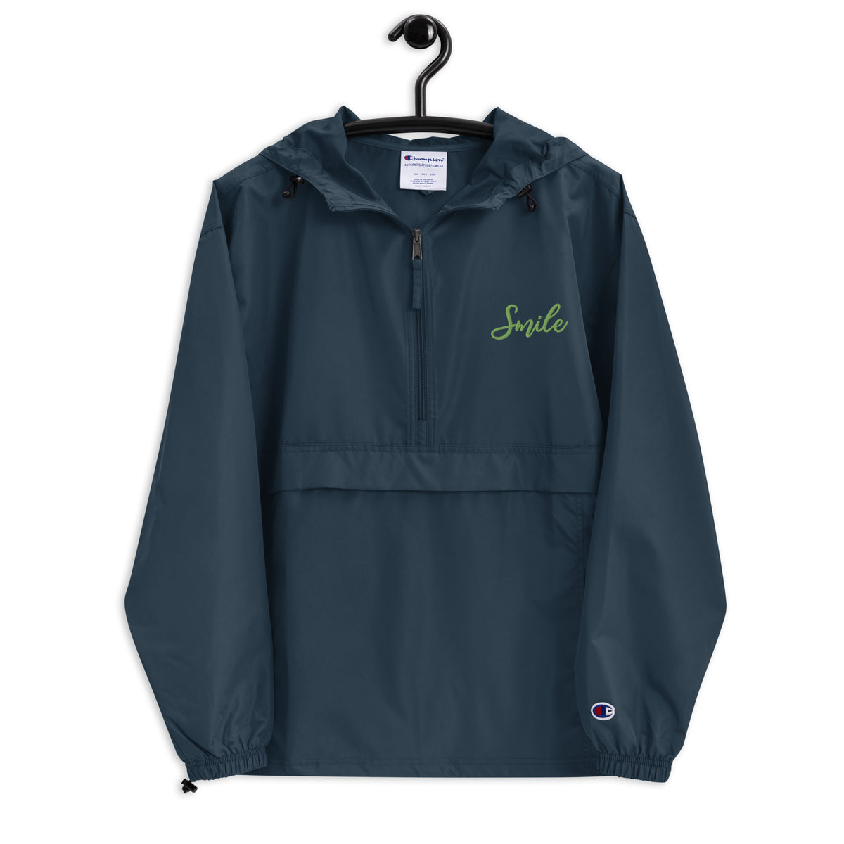 Smile in Every Stitch - Champion Pack-able Jacket with Hand-Drawn Typography - Navy -