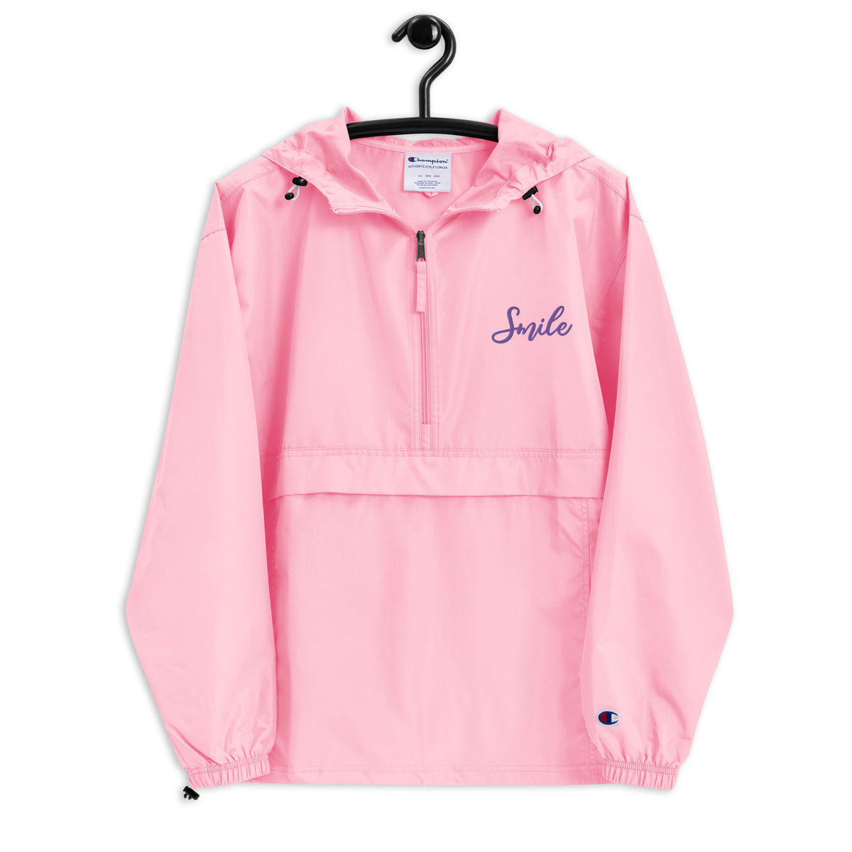 Smile in Every Stitch - Champion Pack-able Jacket with Hand-Drawn Typography - Pink Candy -