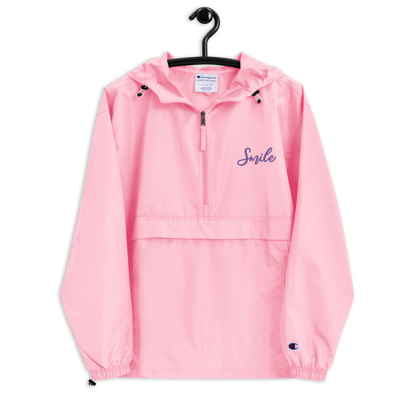 Smile in Every Stitch - Champion Pack-able Jacket with Hand-Drawn Typography - Pink Candy -