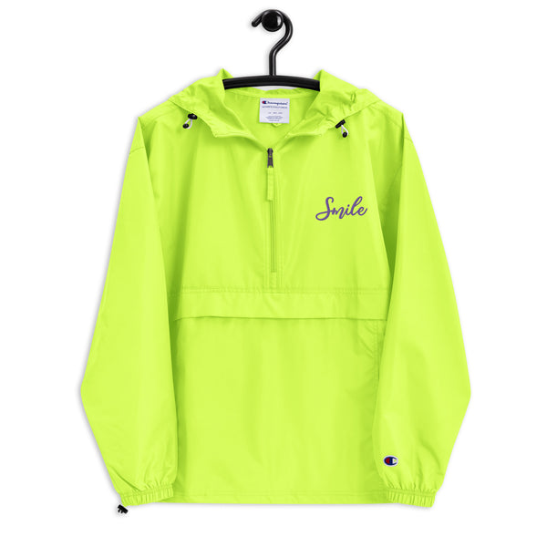 Smile in Every Stitch - Champion Pack-able Jacket with Hand-Drawn Typography - Safety Green -