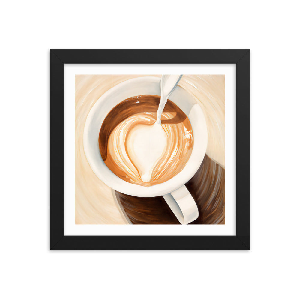 Warmth in a Cup - Heart-Shaped Coffee Art - Black 10″×10″ - Framed Posters