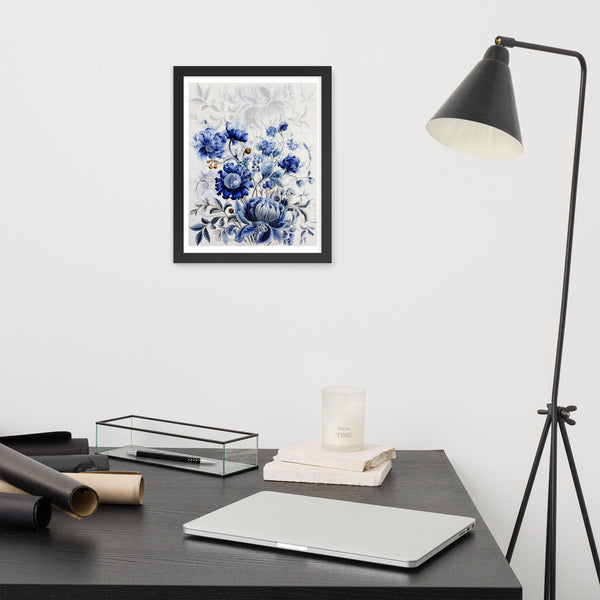 Floral Elegance - Blue Bloom Framed Wall Art - Black 11″×14″ - Wooden Framed Posters