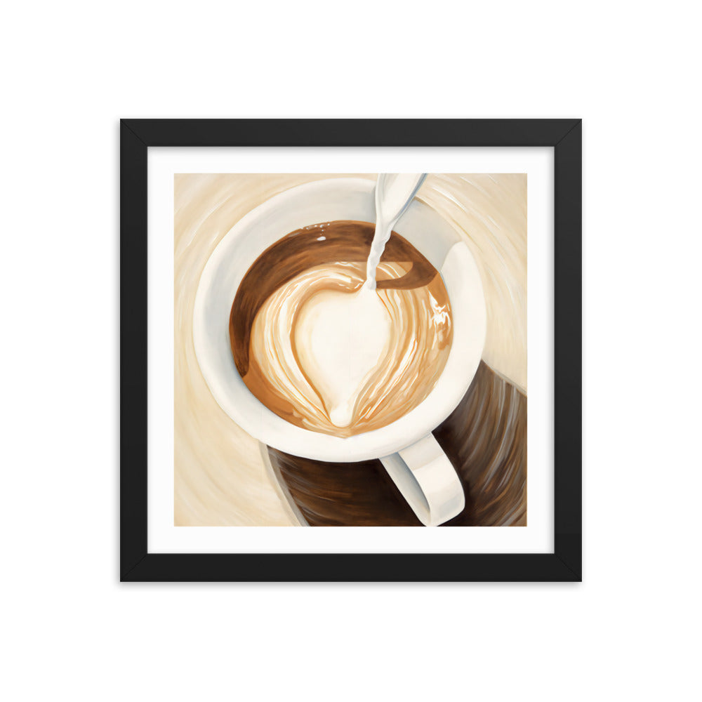 Warmth in a Cup - Heart-Shaped Coffee Art - Black 12″×12″ - Framed Posters