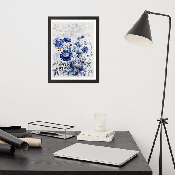 Floral Elegance - Blue Bloom Framed Wall Art - Black 12″×16″ - Wooden Framed Posters