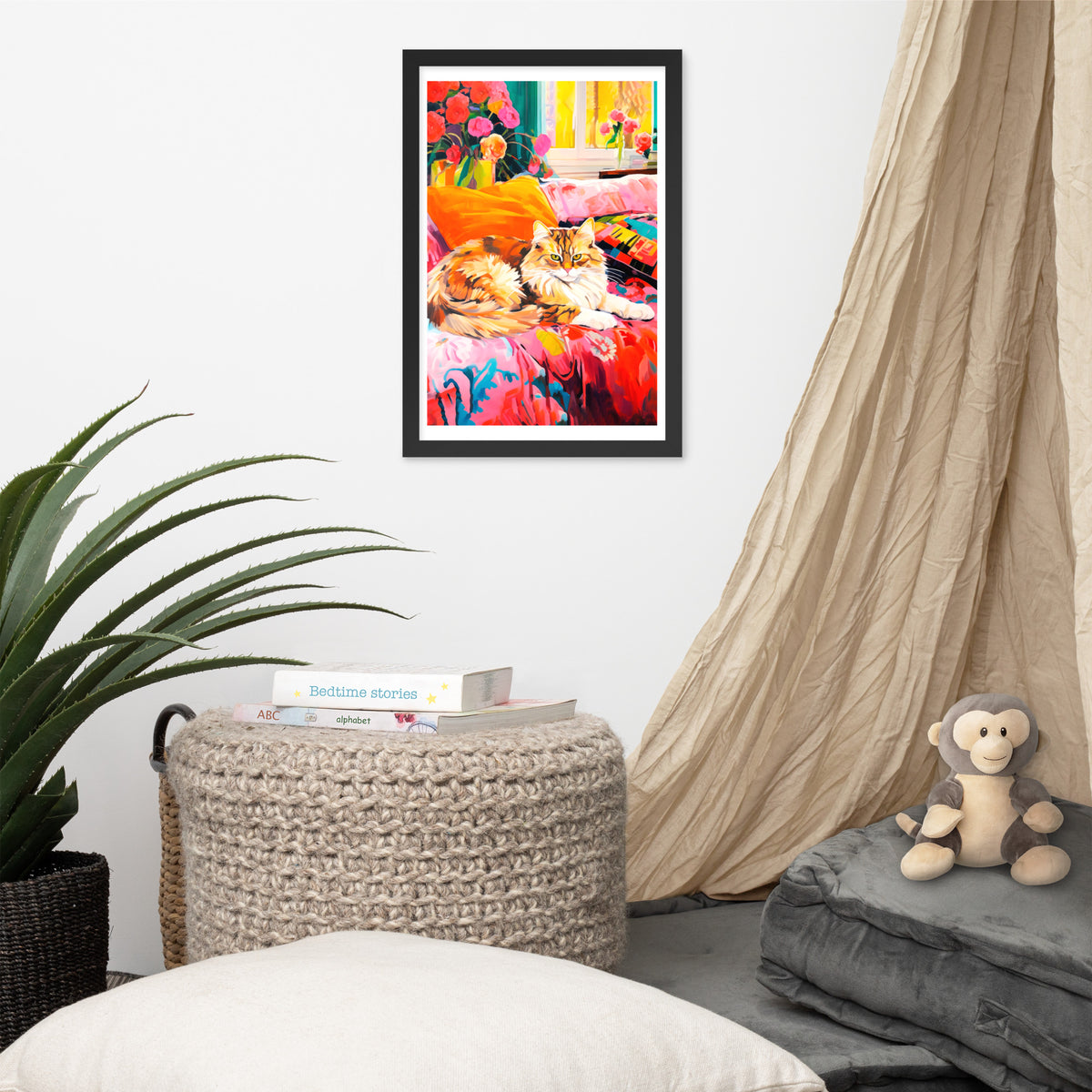 Floral Haven - Cozy Cat Retreat - 12″×18″ - Wooden Framed Posters