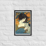 Timeless Bond - Woman and Cat - Black - Wooden Framed Posters