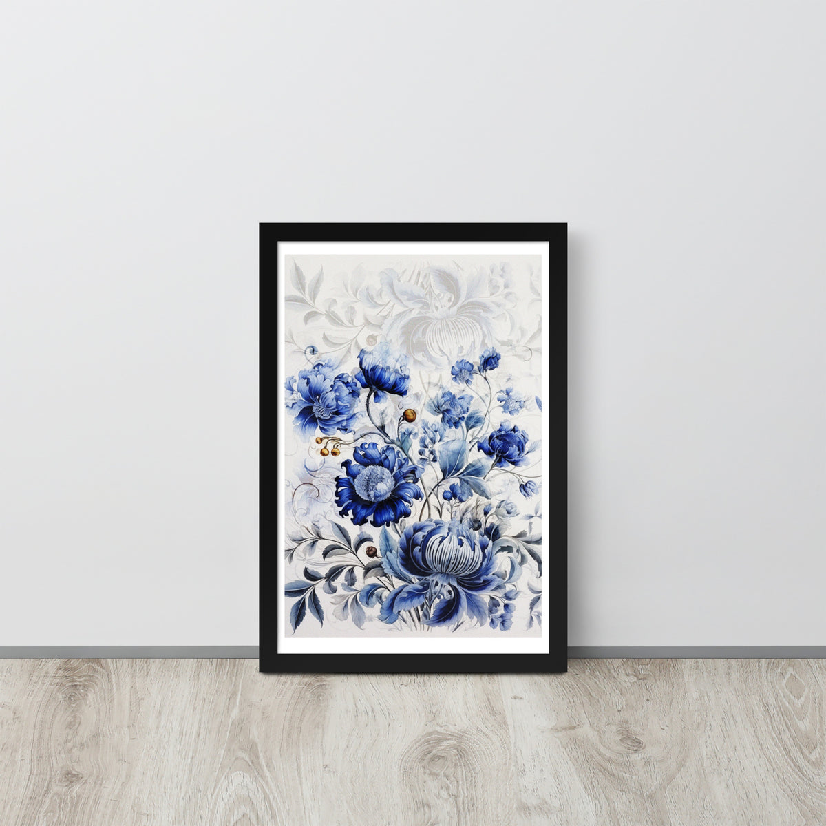 Floral Elegance - Blue Bloom Framed Wall Art - Black 12″×18″ - Wooden Framed Posters