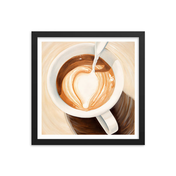 Warmth in a Cup - Heart-Shaped Coffee Art - Black 14″×14″ - Framed Posters