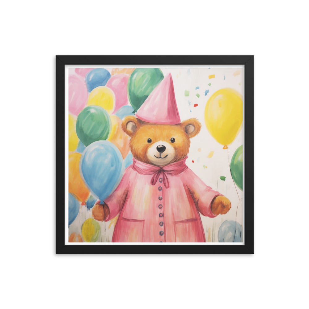 Festive Cheer - Adorable Bear with Balloons - Black 16″×16″ - Framed Poster