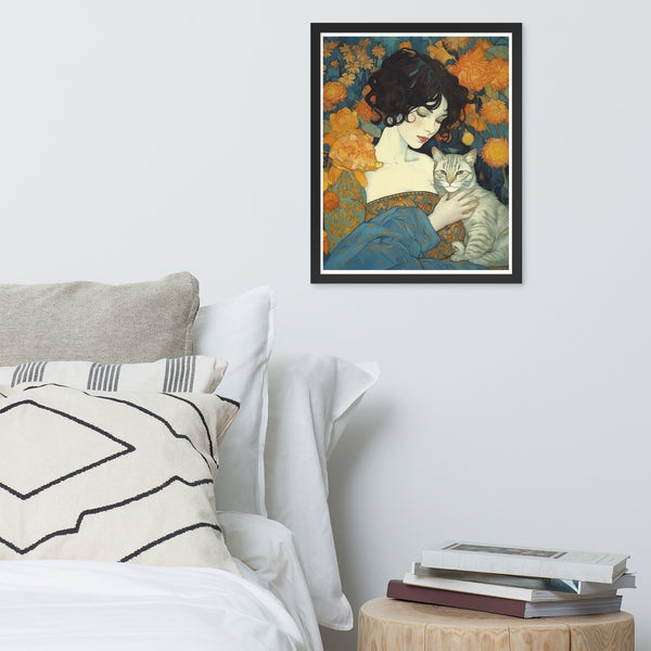 Timeless Bond - Woman and Cat - - Wooden Framed Posters