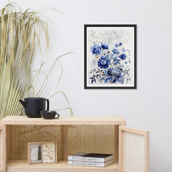 Floral Elegance - Blue Bloom Framed Wall Art - Black 16″×20″ - Wooden Framed Posters