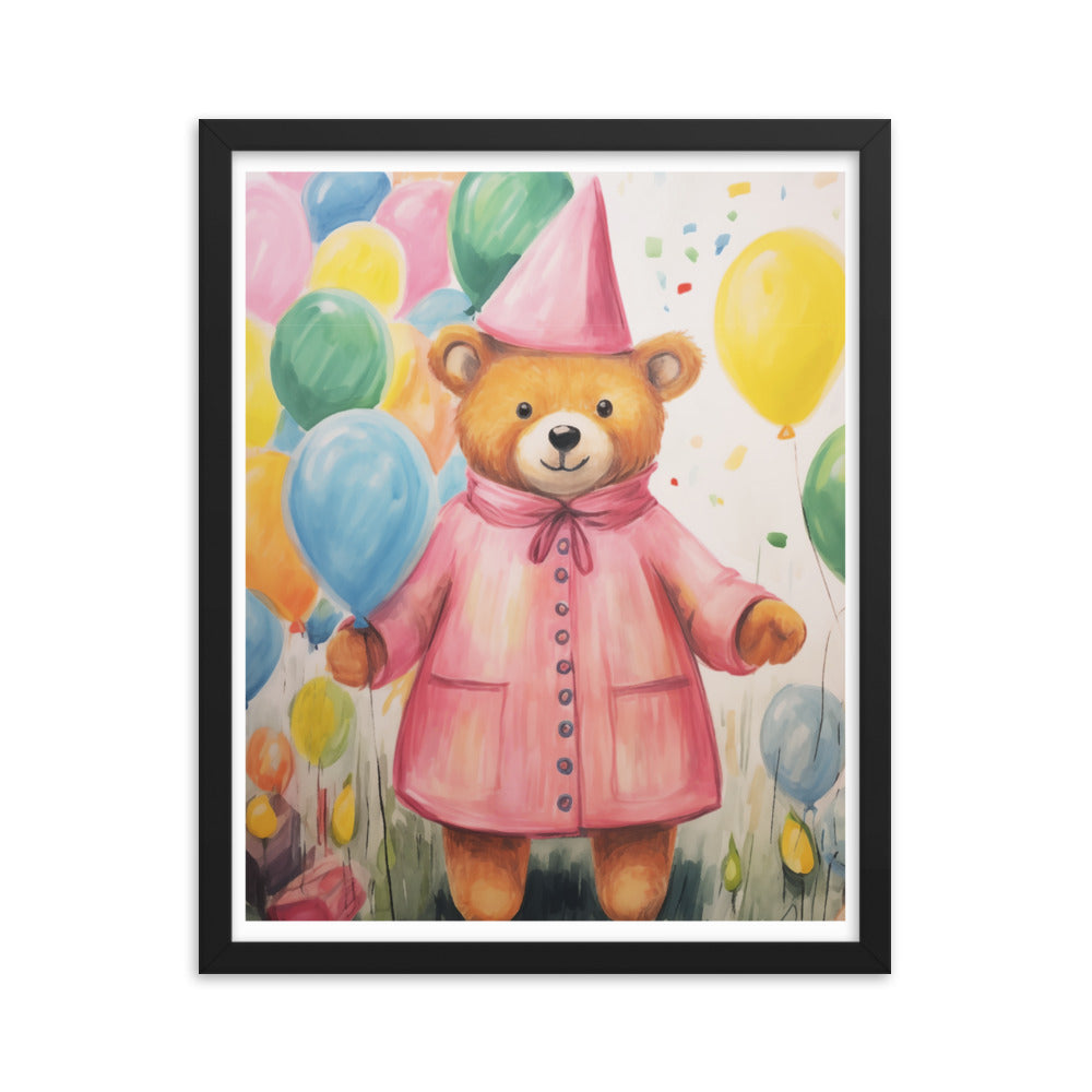 Festive Cheer - Adorable Bear with Balloons - Black 16″×20″ - Framed Poster