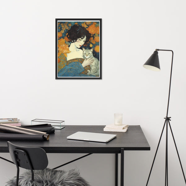 Timeless Bond - Woman and Cat - - Wooden Framed Posters