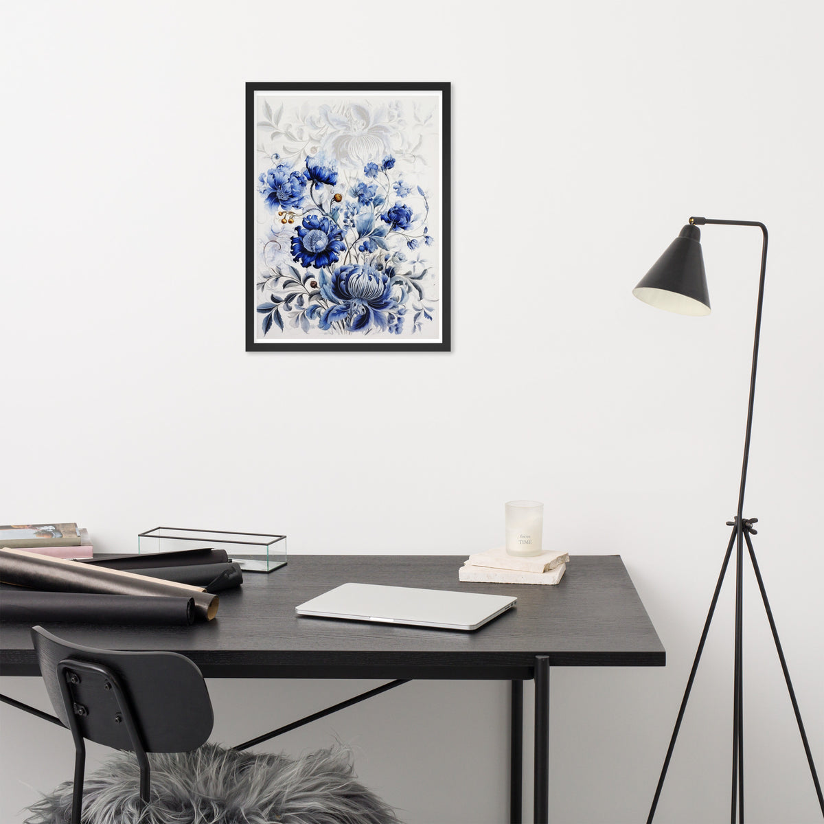 Floral Elegance - Blue Bloom Framed Wall Art - Black 18″×24″ - Wooden Framed Posters