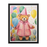 Festive Cheer - Adorable Bear with Balloons - Black 18″×24″ - Framed Poster