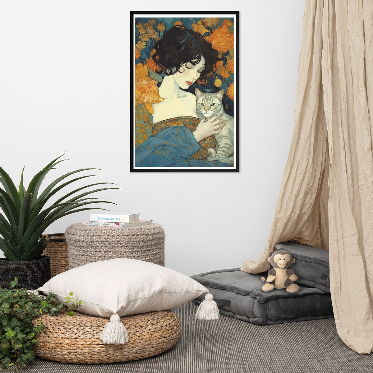 Timeless Bond - Woman and Cat - - Wooden Framed Posters