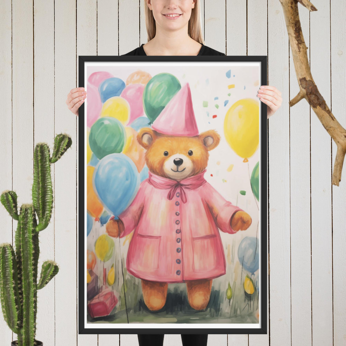 Festive Cheer - Adorable Bear with Balloons - Black 24″×36″ - Framed Poster