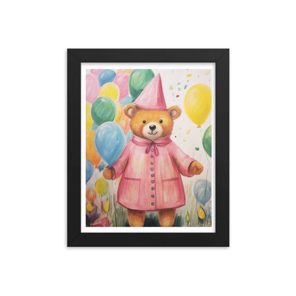 Festive Cheer - Adorable Bear with Balloons - Black 8″×10″ - Framed Poster