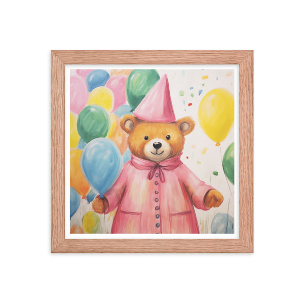 Festive Cheer - Adorable Bear with Balloons - Red Oak 10″×10″ - Framed Poster