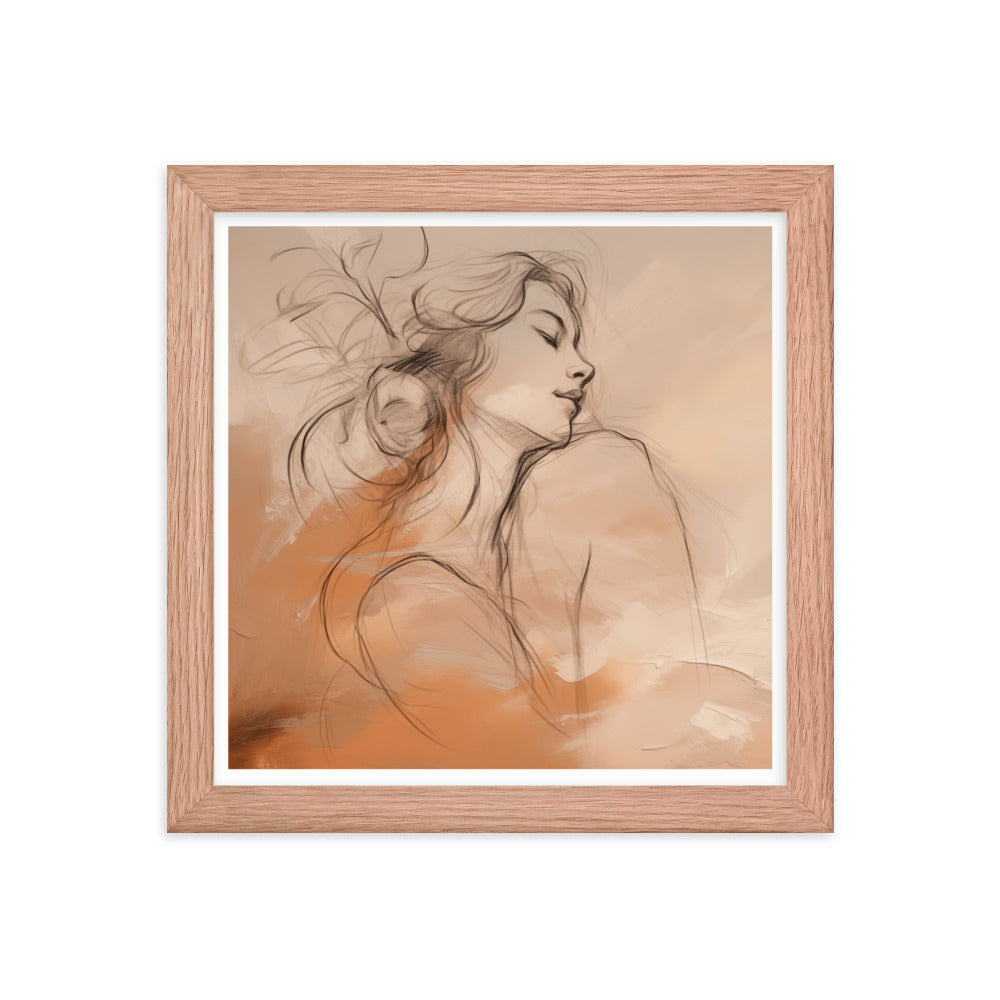 Serene Reflections - Woman in Sketch Wall Decor - Red Oak 10″×10″ - Framed Poster