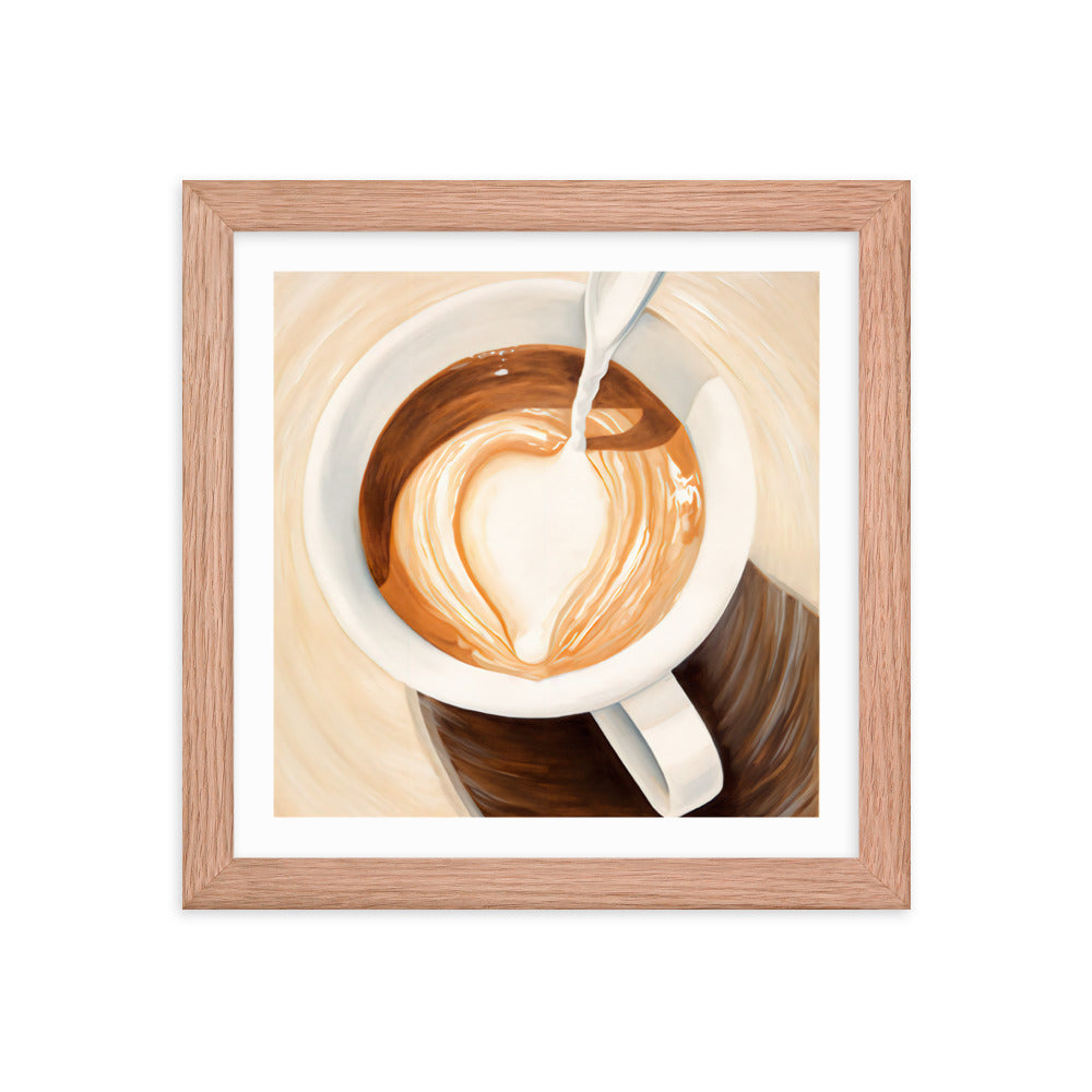 Warmth in a Cup - Heart-Shaped Coffee Art - Red Oak 10″×10″ - Framed Posters