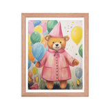 Festive Cheer - Adorable Bear with Balloons - Red Oak 11″×14″ - Framed Poster