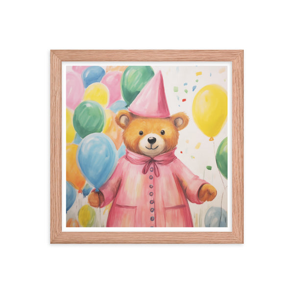 Festive Cheer - Adorable Bear with Balloons - Red Oak 12″×12″ - Framed Poster