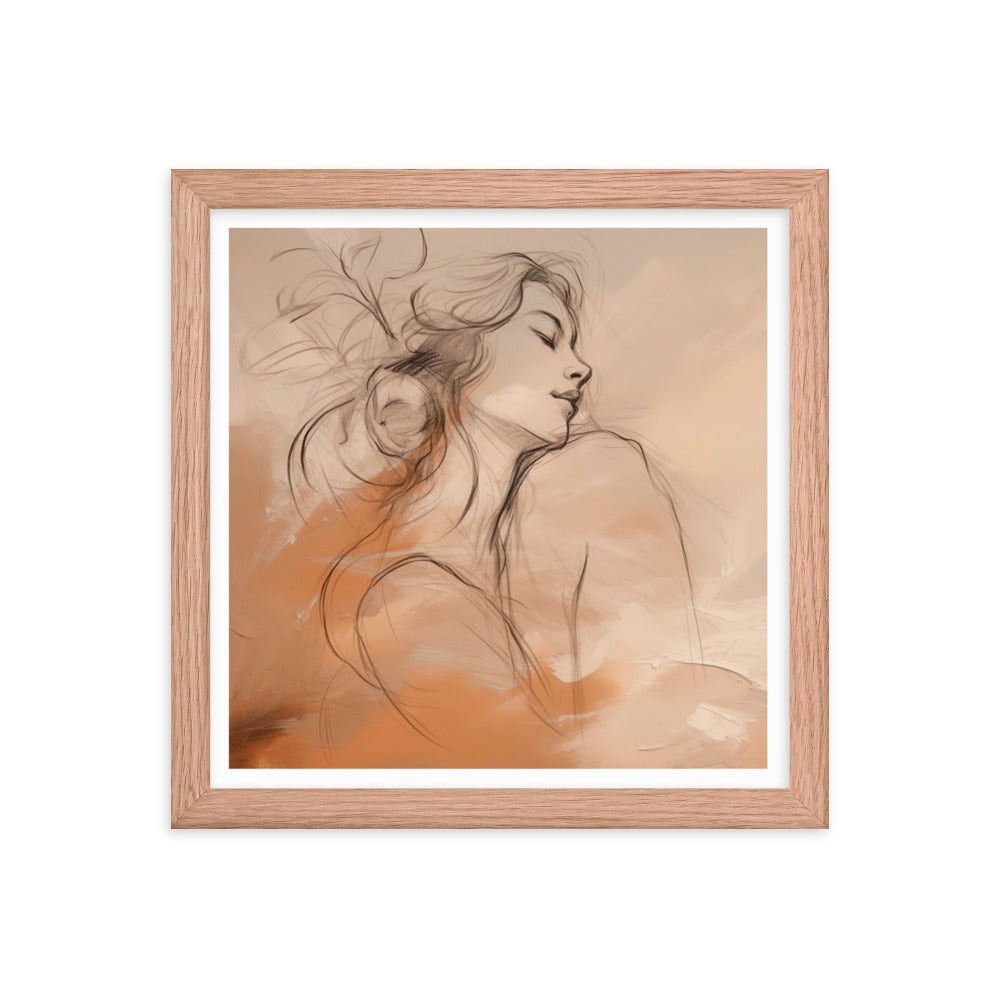 Serene Reflections - Woman in Sketch Wall Decor - Red Oak 12″×12″ - Framed Poster