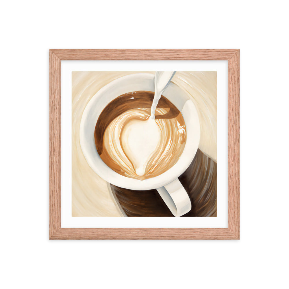 Warmth in a Cup - Heart-Shaped Coffee Art - Red Oak 12″×12″ - Framed Posters