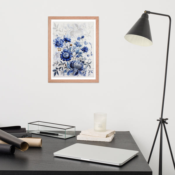 Floral Elegance - Blue Bloom Framed Wall Art - Red Oak 12″×16″ - Wooden Framed Posters