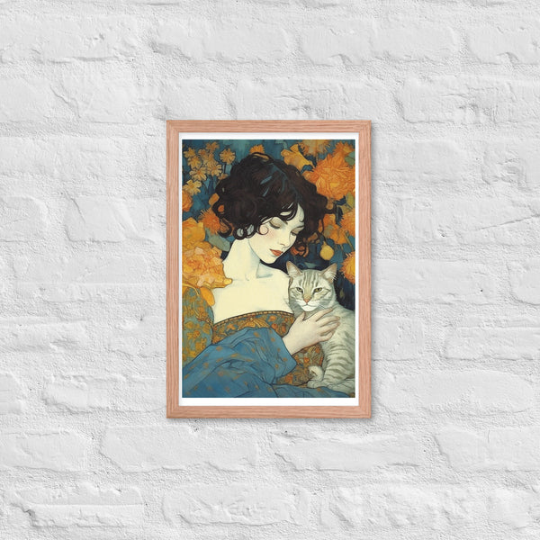 Timeless Bond - Woman and Cat - Red Oak - Wooden Framed Posters