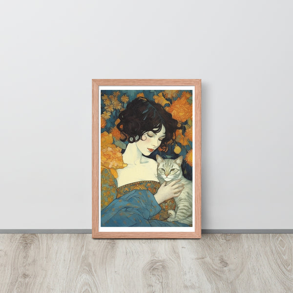 Timeless Bond - Woman and Cat - - Wooden Framed Posters