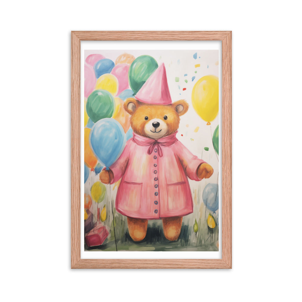 Festive Cheer - Adorable Bear with Balloons - Red Oak 12″×18″ - Framed Poster