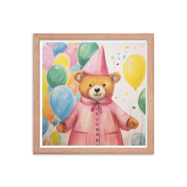 Festive Cheer - Adorable Bear with Balloons - Red Oak 14″×14″ - Framed Poster