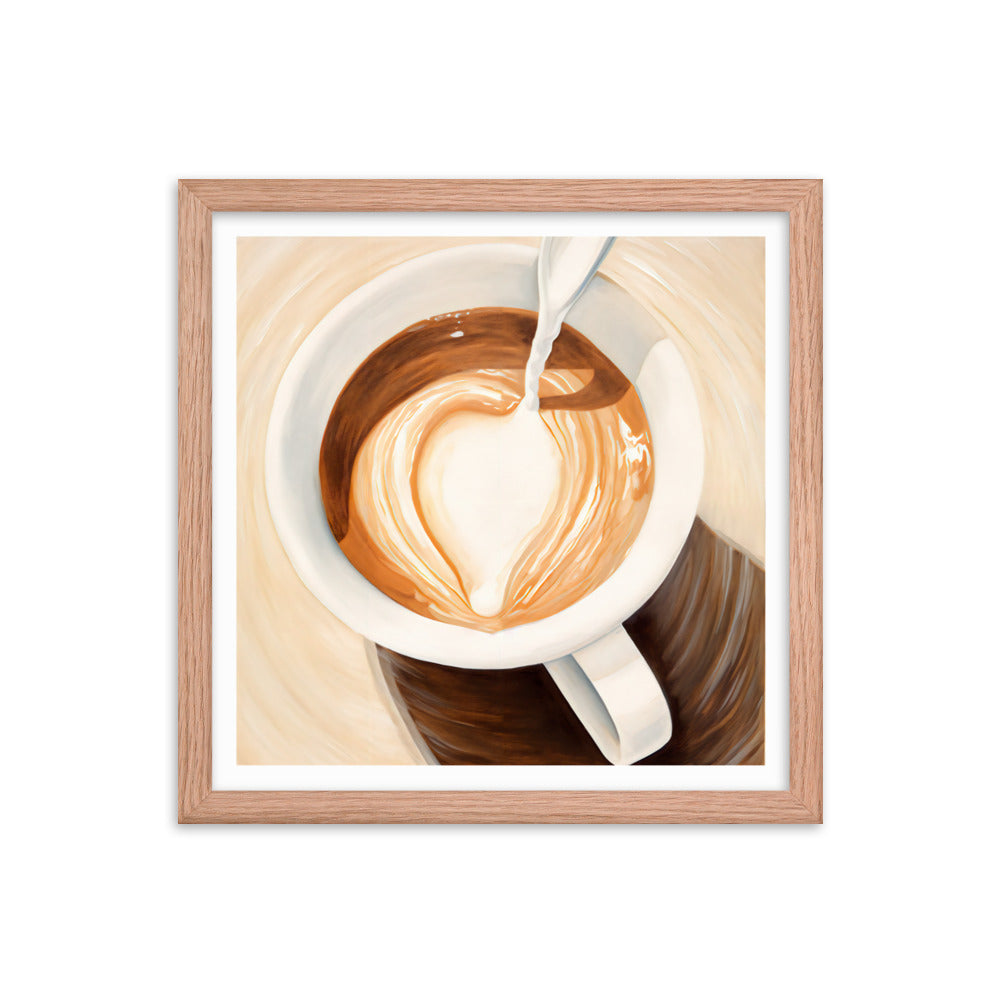 Warmth in a Cup - Heart-Shaped Coffee Art - Red Oak 14″×14″ - Framed Posters