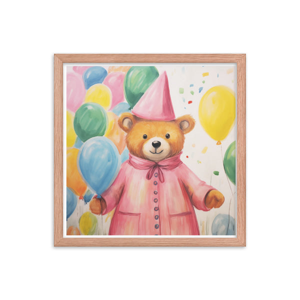 Festive Cheer - Adorable Bear with Balloons - Red Oak 16″×16″ - Framed Poster