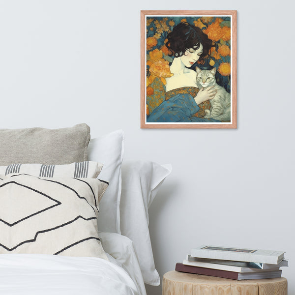 Timeless Bond - Woman and Cat - - Wooden Framed Posters