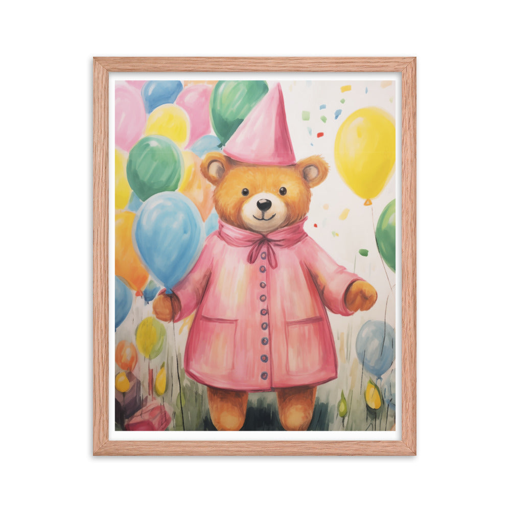 Festive Cheer - Adorable Bear with Balloons - Red Oak 16″×20″ - Framed Poster