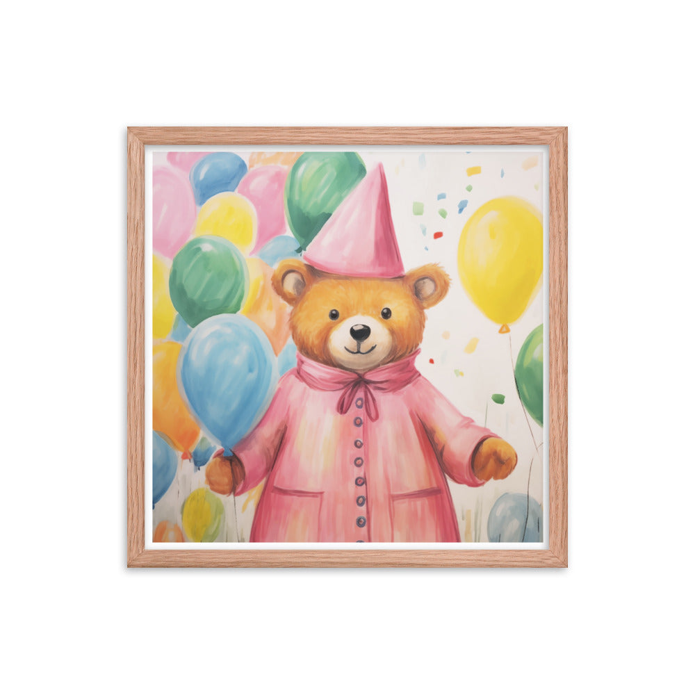 Festive Cheer - Adorable Bear with Balloons - Red Oak 18″×18″ - Framed Poster