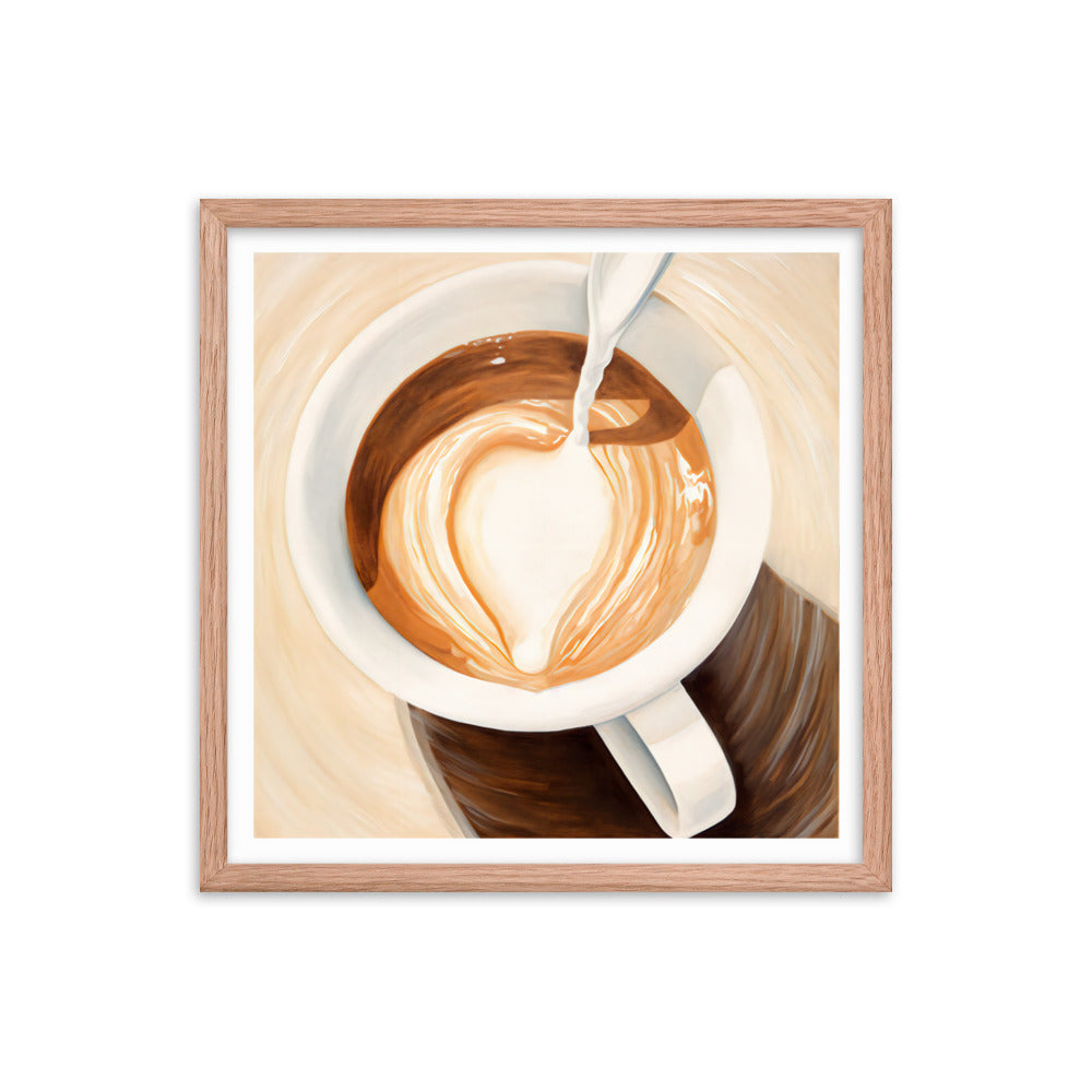 Warmth in a Cup - Heart-Shaped Coffee Art - Red Oak 18″×18″ - Framed Posters