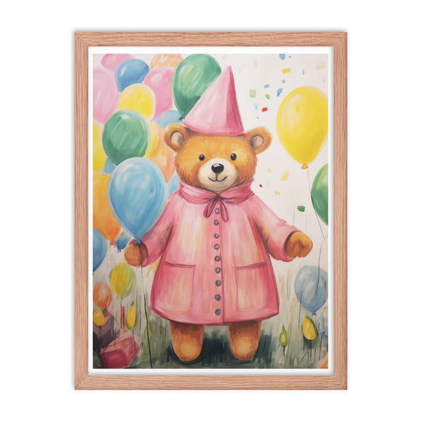 Festive Cheer - Adorable Bear with Balloons - Red Oak 18″×24″ - Framed Poster