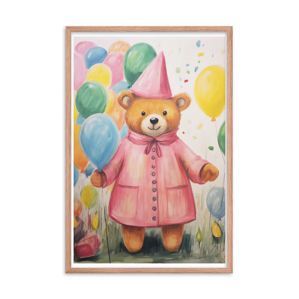 Festive Cheer - Adorable Bear with Balloons - Red Oak 24″×36″ - Framed Poster