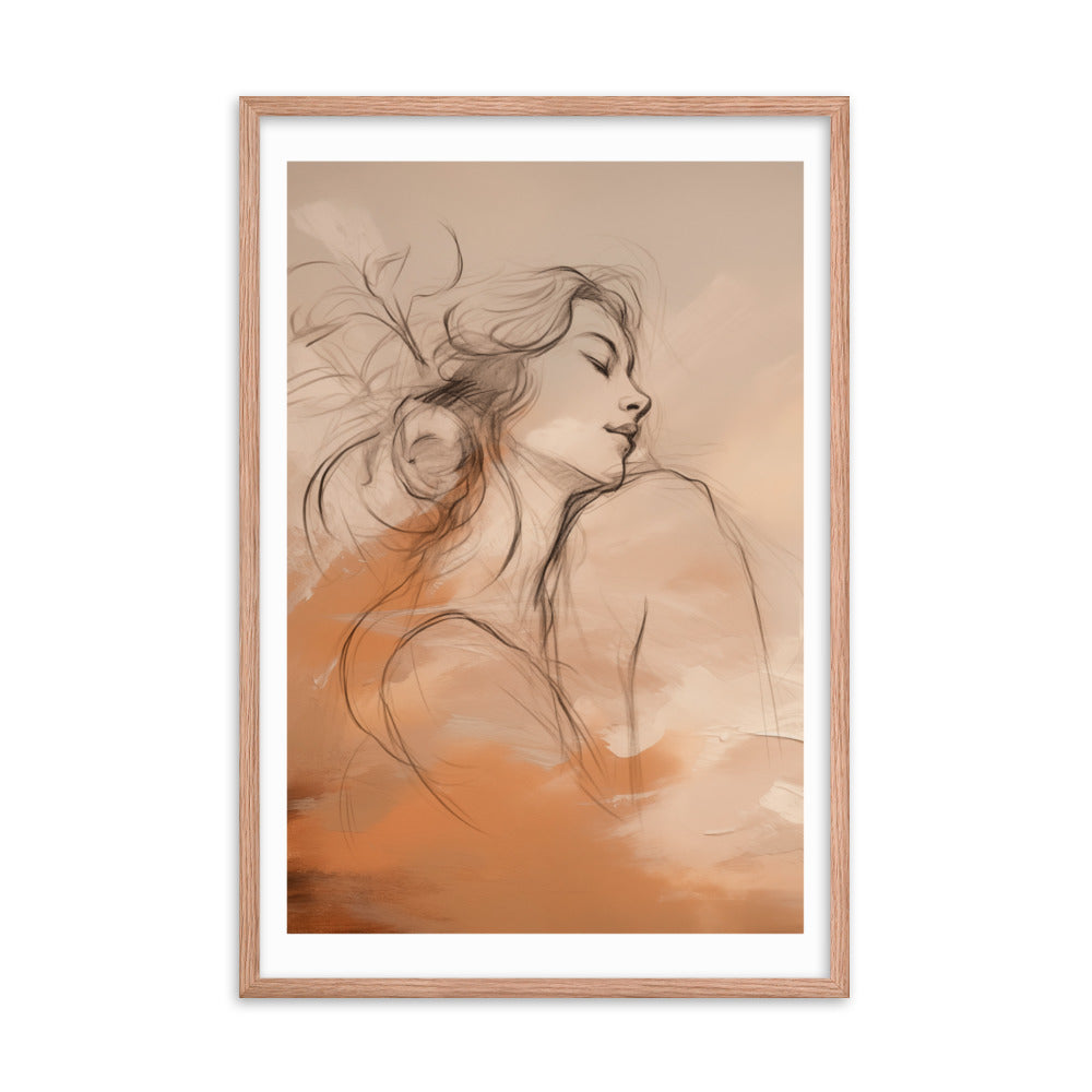 Serene Reflections - Woman in Sketch Wall Decor - Red Oak 24″×36″ - Framed Poster