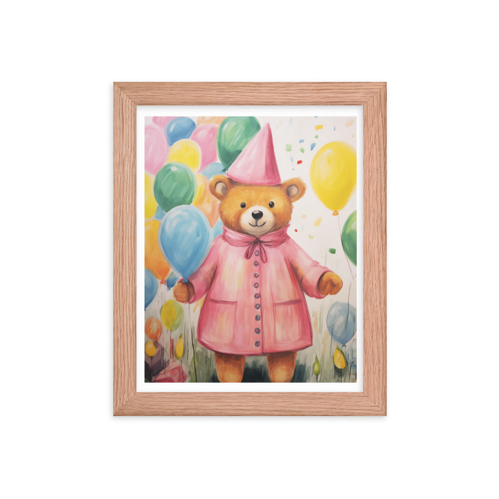 Festive Cheer - Adorable Bear with Balloons - Red Oak 8″×10″ - Framed Poster