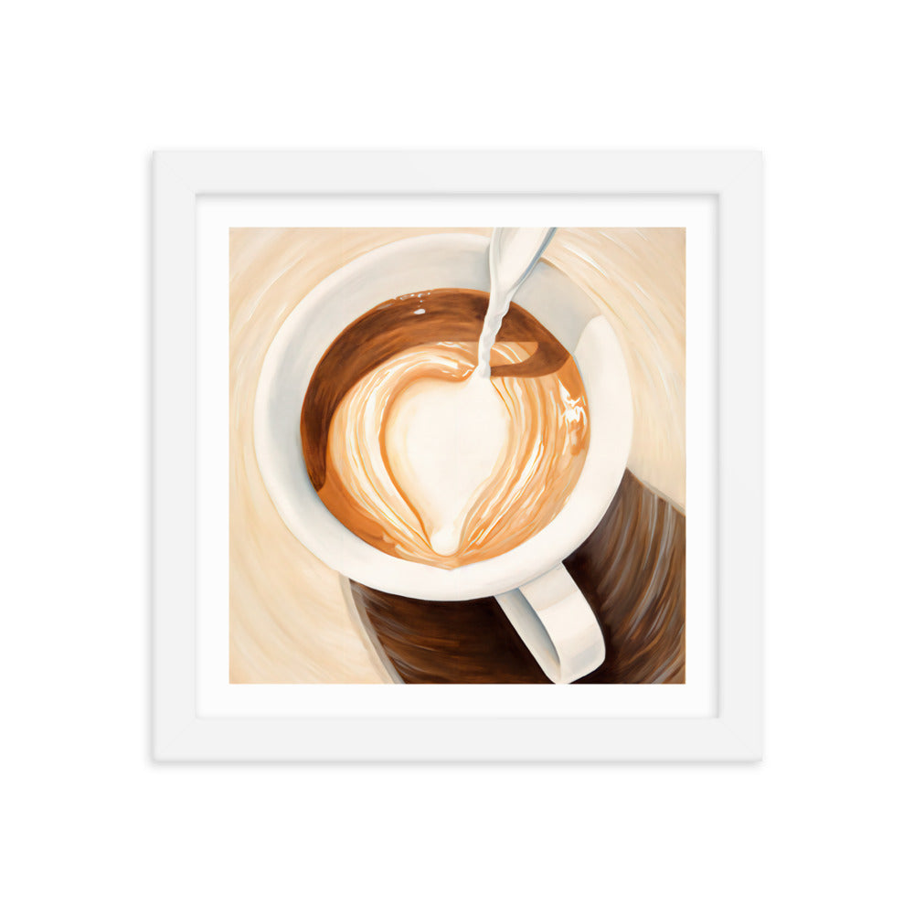 Warmth in a Cup - Heart-Shaped Coffee Art - White 10″×10″ - Framed Posters