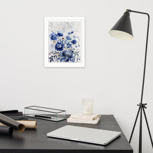 Floral Elegance - Blue Bloom Framed Wall Art - White 11″×14″ - Wooden Framed Posters